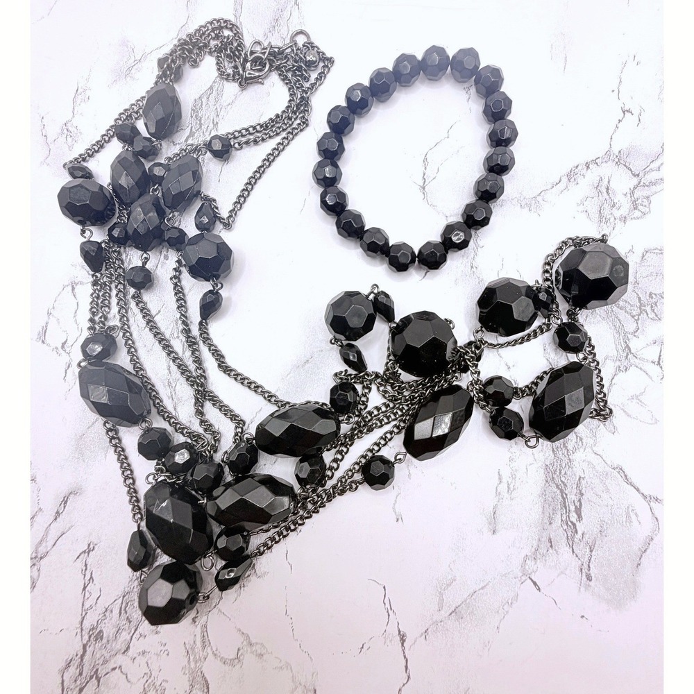 Black‎ Glass 3 Strand Necklace & Stretch Bracelet Set Gunmetal Long Layered